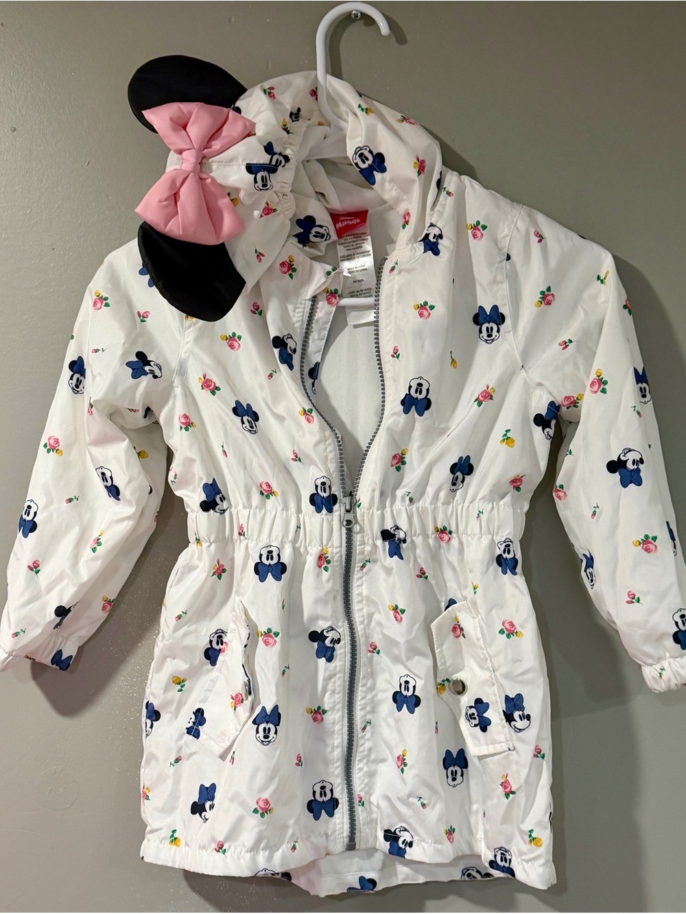 Disney White Minnie Mouse Hooded Jacket with Blue and Pink Accents and Ear Hood